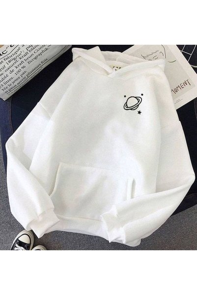 ZEMLİYA Unisex Λευκό Streetwear Oversize Φούτερ με κουκούλα και τσέπες, καθημ...