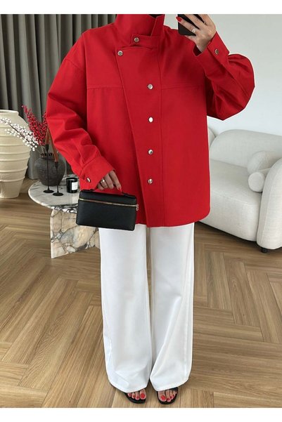 manana fashion Kırmızı Dik Yaka Çıt Çıt Düğmeli Gömlek - 108353