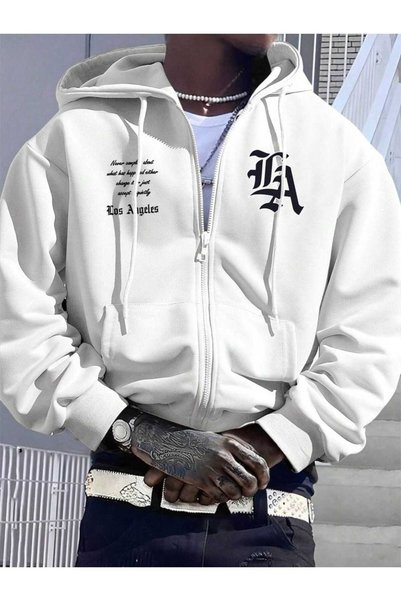 ZEMLİYA Unisex White Oversize Hooded Sweatshirt with Kangaroo Pocket, 3 Threa...