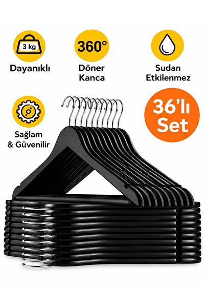VARLIQ 36 Adet Lüks Siyah Askı Ahşap Görünümlü Plastik A Kalite Elbise Kıyafe...
