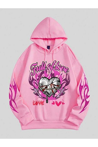 ZEMLİYA Modexa Unisex Hoody Pink Loose Fit Hooded Sweatshirt with Inner Pipin...