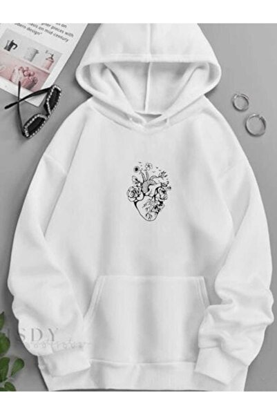 valeriae Unisex White 3 Thread Raster Oversize Hooded Sweatshirt Basic Comfor...