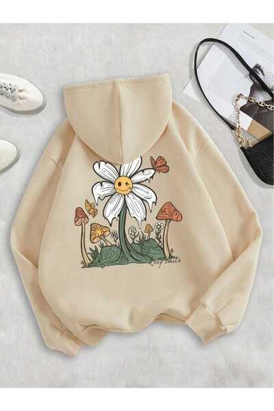 classy moda Unisex Beige Relaxed Fit Hooded Kangaroo Pocket Thick Sweatshirt