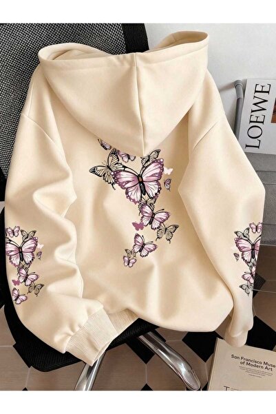classy moda Unisex Beige Low Shoulder Oversize Hooded Casual Sweatshirt with ...
