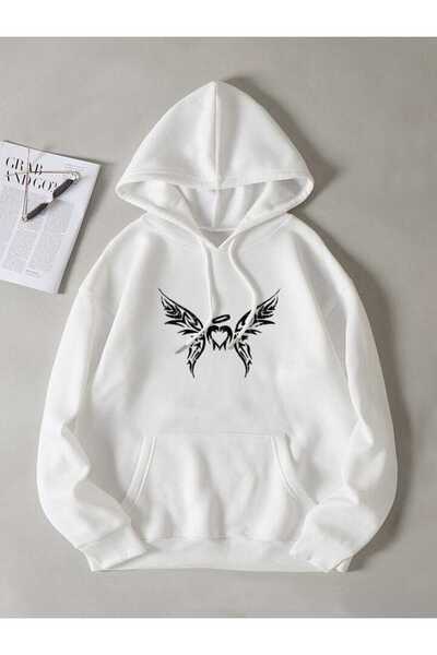 bellanova Unisex White Relaxed Fit Hooded Kangaroo Pocket Thick Sweatshirt
