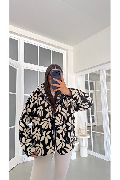 GAUS CO Lacivert Çiçek Desenli Fermuarlı Polar Sweatshirt GAUS-01915 GAUS-01916