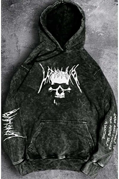 valeriae Unisex Antrasit Acid Wash Efektli Yıkamalı Oversize Hoodie Kalın Kumaş