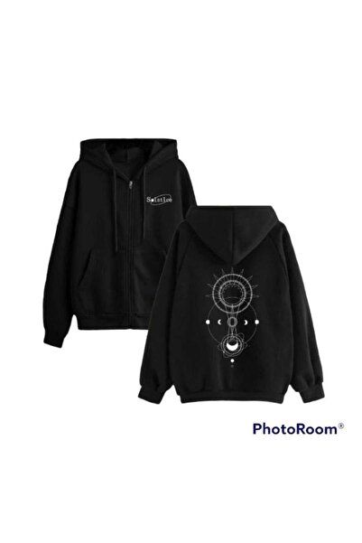 valeriae Unisex Black 3 Thread Threaded Oversize Hooded Sweatshirt Basic Comf...