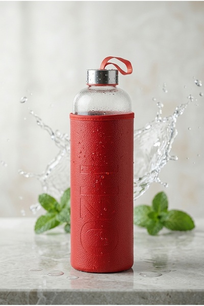 Tohana H2O Sağlıklı Cam Matara 1000 Ml Su Şişesi, Deri Kılıflı 1 Lt Sporcu Su...