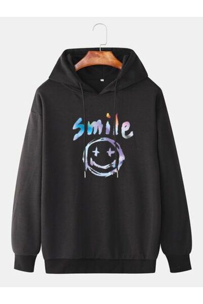 valeriae Unisex Black 3 Thread Threaded Oversize Hooded Sweatshirt Basic Comf...