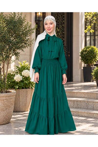 HANEDAN TESETTÜR Belted and Embellished Collar Tie-Up Tesettür Straight Visco...