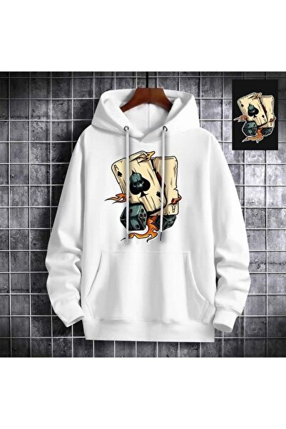 valeriae Unisex White Relaxed Fit Hooded Kangaroo Pocket Thick Sweatshirt