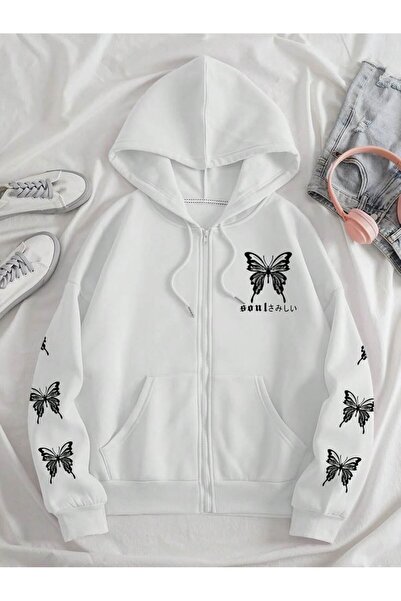 bellanova Unisex White Loose Fit Hooded Sweatshirt with Inner Pockets, Warm H...