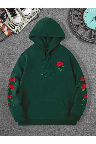 classy moda Unisex Πράσινο Φούτερ με Κουκούλα με 3 Κλωστές, Βασική Άνετη Γραμμή