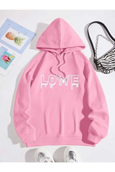ZEMLİYA Modexa Unisex Hoody Pink Loose Fit Hooded Sweatshirt with Inner Pipin...