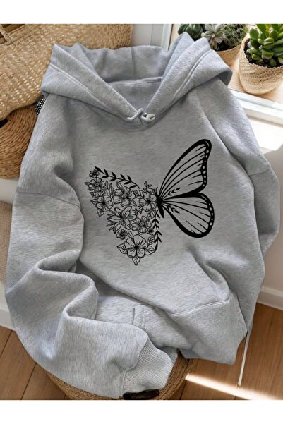 EFFRENATU Unisex Gray Low Shoulder Oversize Hooded Casual Sweatshirt with Kan...