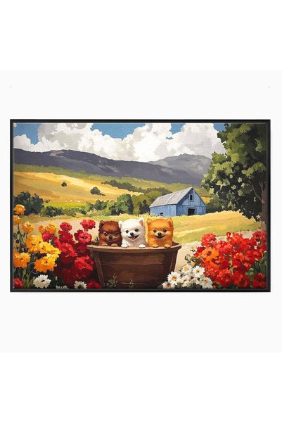 Luxcanva Tablou Canvas Tabara Catelusilor 70x50 cm cu Rama Negru Tabara Catel...