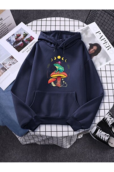 classy moda Unisex Navy Blue Streetwear Oversize Hooded Casual Cotton Sweatsh...