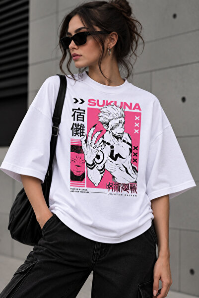 Dupe Design Μπλουζάκι Jujutsu Kaisen Sukuna με ροζ στάμπα, unisex, oversize, ...