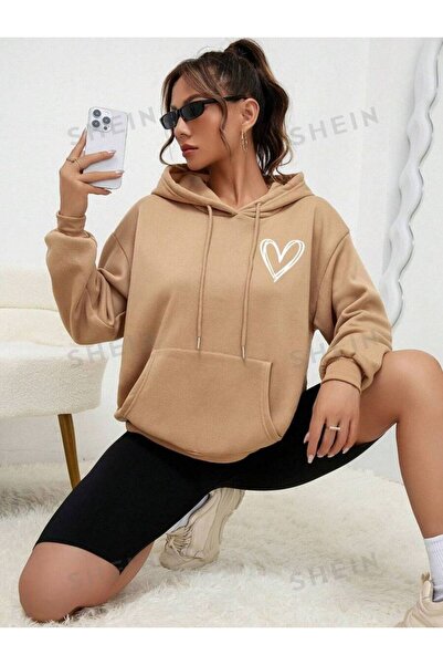 classy moda Unisex Beige 3 Thread Threaded Oversize Hooded Sweatshirt Basic C...