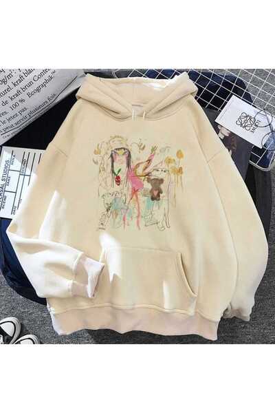 classy moda Unisex Beige Low Shoulder Oversize Hooded Casual Sweatshirt with ...