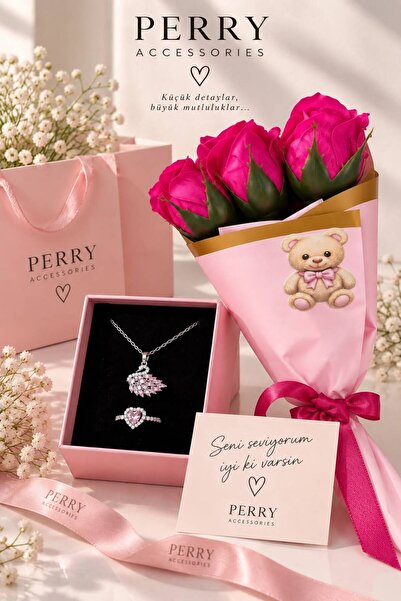 Perry Accesories üçlü pembe kokulu gül buketi ve kararmaz çelik pembe kuğu ko...