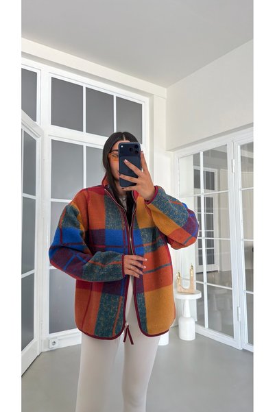 GAUS CO Çok Renkli Ekose Desenli Fermuarlı Polar Sweatshirt GAUS-01912 GAUS-0...