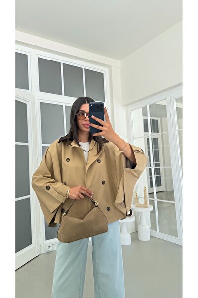 GAUS CO Camel Kadife Yaka Astarlı Pelerin Trençkot GAUS-01907