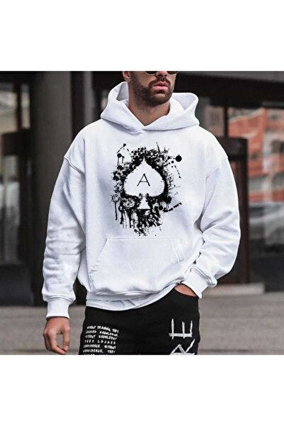 valeriae Unisex White 3 Thread Raster Oversize Hooded Sweatshirt Basic Comfor...