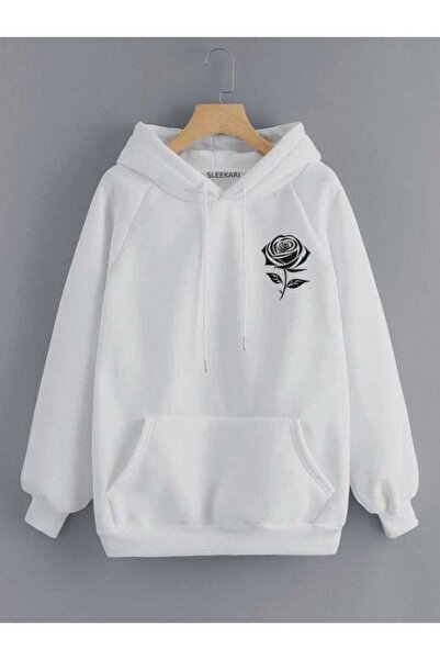 classy moda Unisex White 3 Thread Raster Oversize Hooded Sweatshirt Basic Com...