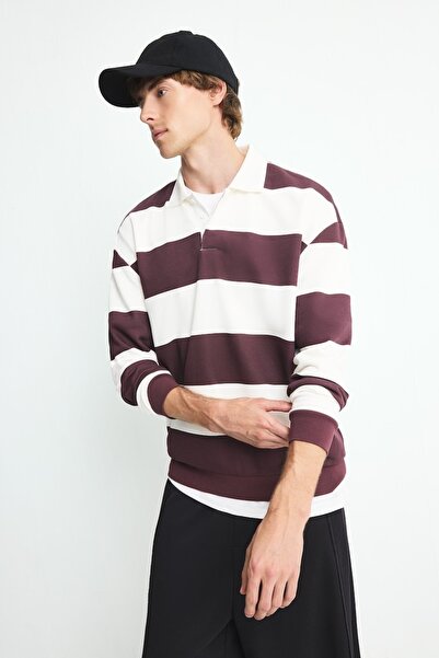 DeFacto Boxy Fıt Polo Yaka Çizgili Sweatshirt F0857AX26AU