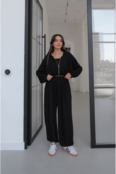 Havoş Siyah İp Büzgülü Sweat Atlet Pantolon Takım