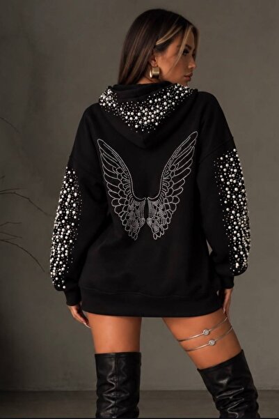 Afitapbutikmoda 3 iplik Şardonlu Taş Aksesuarlı Hoodie