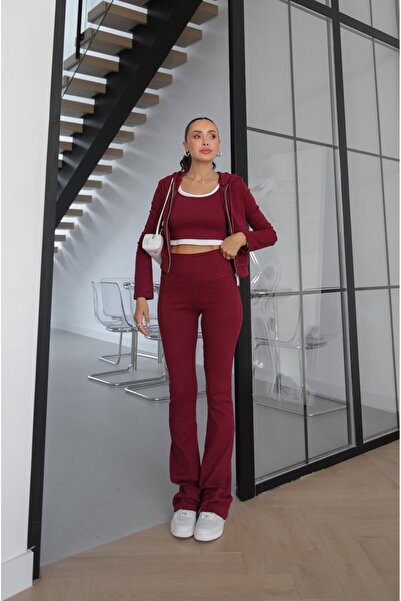 Havoş Bordo Kapüşonlu Sweat Crop Tayt Takım