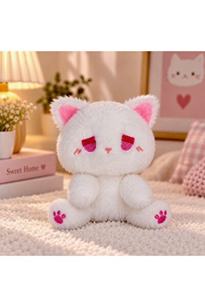 liore dünyası Beyaz Kedi Peluş Oyuncak 16 cm Pembe Detaylı Sevimli Yumuşak Pe...