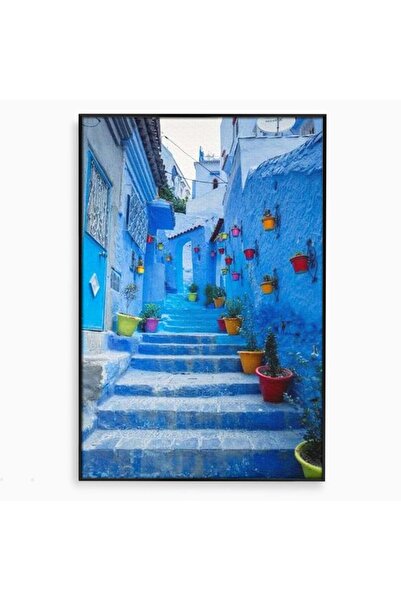 Luxcanva Tablou Canvas Orasul Albastru 80x120 cm cu Rama Negru Orasul Albastr...
