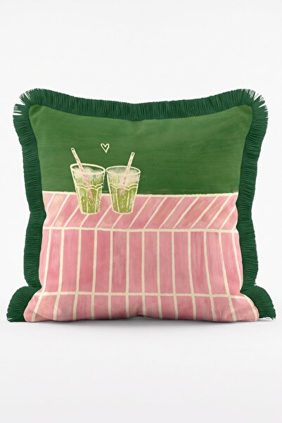 IdeCraft Matcha Cup Patterned Green Pink Striped Retro Fringed Cushion Cover