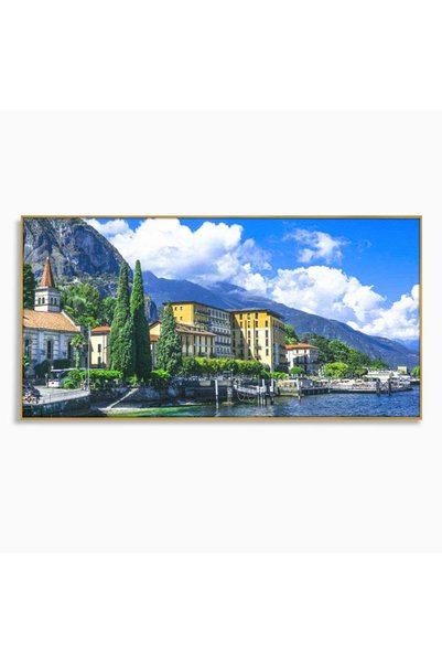 Luxcanva Tablou Canvas Linistea Lacului Como 100x50 cm cu Rama Auriu Linistea...