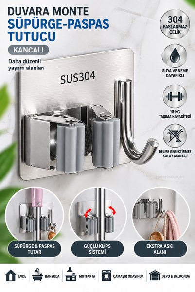 nelerbulurum Stainless Steel Wall Mounted Broom Mop Mop Holder and Hook 304 Stainless Steel Adhesive Strong Clip Organizer