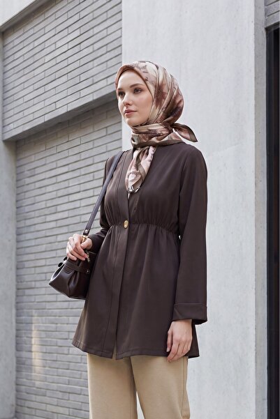 Modamorfo Elastic Waist Folded Sleeve Single Button Crepe Kimono - Dark Brown