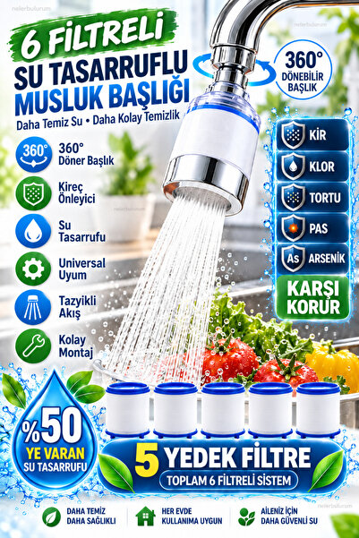 nelerbulurum 6 Katman Filtreli Musluk Başlığı ve 5 Musluk Yedek Filtre – 360°...