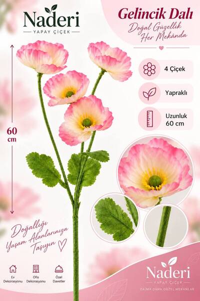 Naderi Çiçeği Naderi Çiçek 4’lü Yapay Gelincik Dalı Pembe 60 cm Yapraklı Deko...