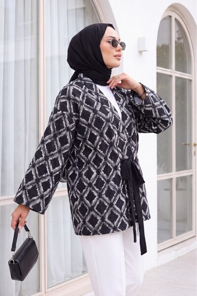 Modamorfo Tie-Waist Square Pattern Fringed Kimono - Dark Navy Blue