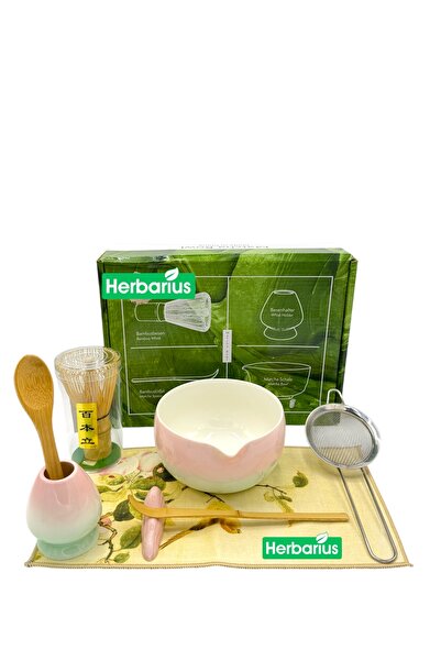 Herbarius 8 Parça Pastel Pembe Mint Geçişli Parlak Beyaz Renk Matcha Çayı Hazırlama Seti - Geleneksel Japon Matcha Seti