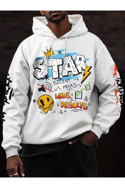 JANTIL MODA White Unisex Oversize 3 Thread Threaded Printed Hooded Sweatshirt...
