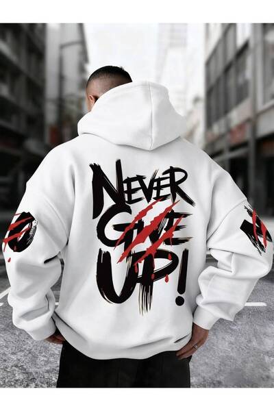 JANTIL MODA White Unisex Oversize 3 Thread Threaded Printed Hooded Sweatshirt...