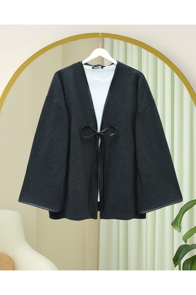 Modamorfo Front-Tied Leather Detailed Casual Kimono - Anthracite