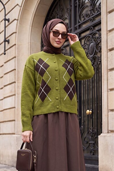 Modamorfo Round Neck Buttoned Front Diamond Pattern Soft Knitwear Cardigan - ...