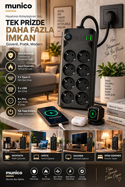 Munico 2 Adet Akım Korumalı Çoklu Priz 8 Priz 2 Type-C 2 USB Tek Tuş Kontrollü Masaüstü Çoklayıcı