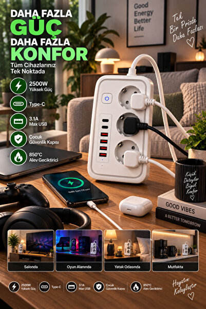 Munico 2 Adet 2500W Çok Fonksiyonlu Priz 3 Priz 2 Type-C 4 USB Çıkışlı Çocuk Güvenlik Korumalı